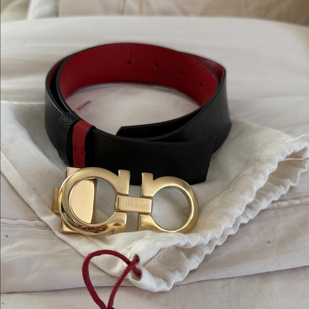 Ferragamo Black and Red Leather Belt with Gold Buckle